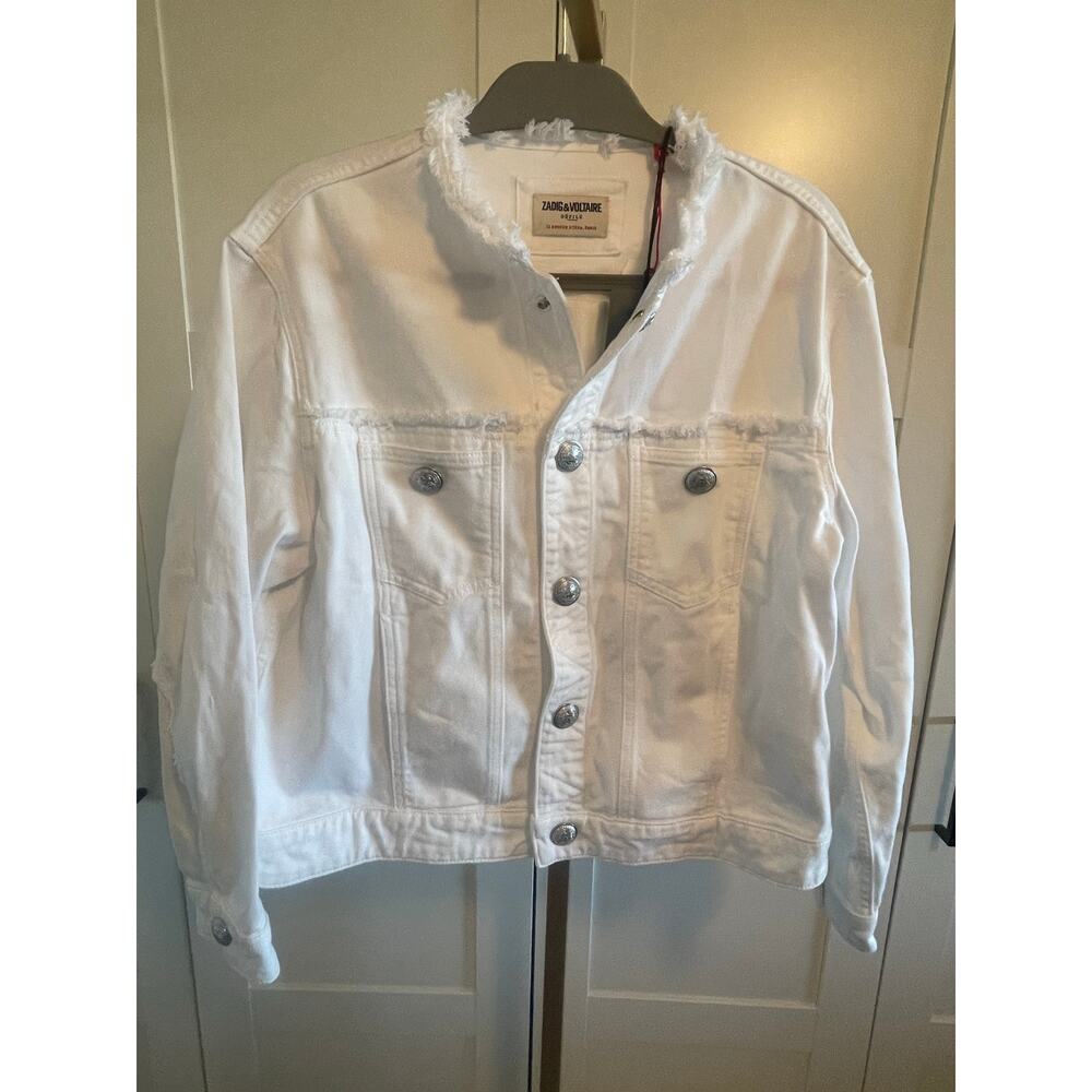 NWT: Zadig & Voltaire Kaely Destroy Denim Jacket in White Size L - Picture 6 of 15